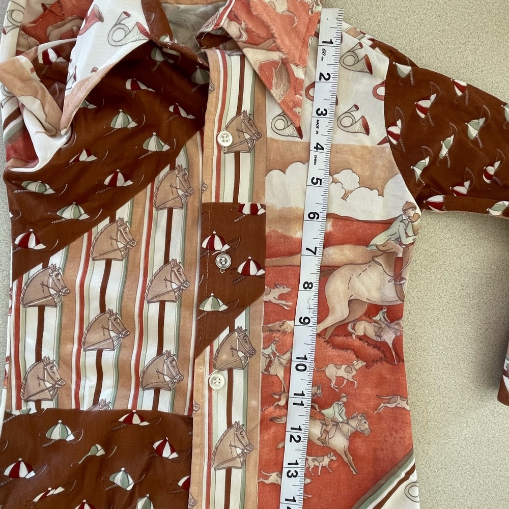 Vintage 70s Donmoor Youth Novelty Print Equestrian Patchwork Shirt Boys Vtg 5 - Picture 15 of 16